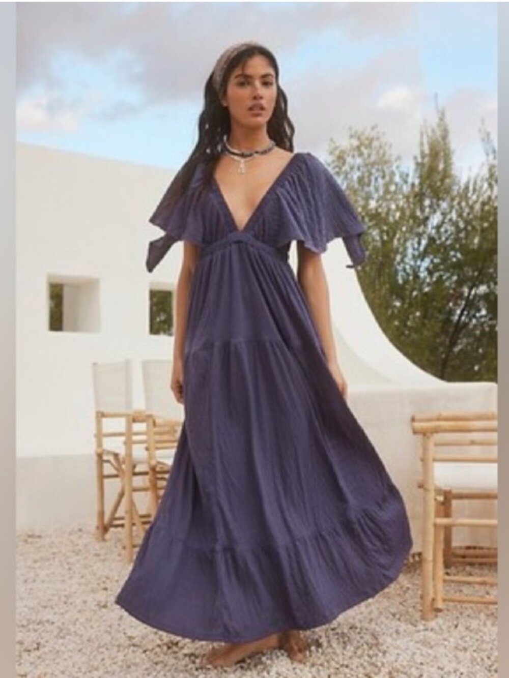 Free People La La Purple Plummery Summer Boho Open Back V Neck Tiered Maxi Dress